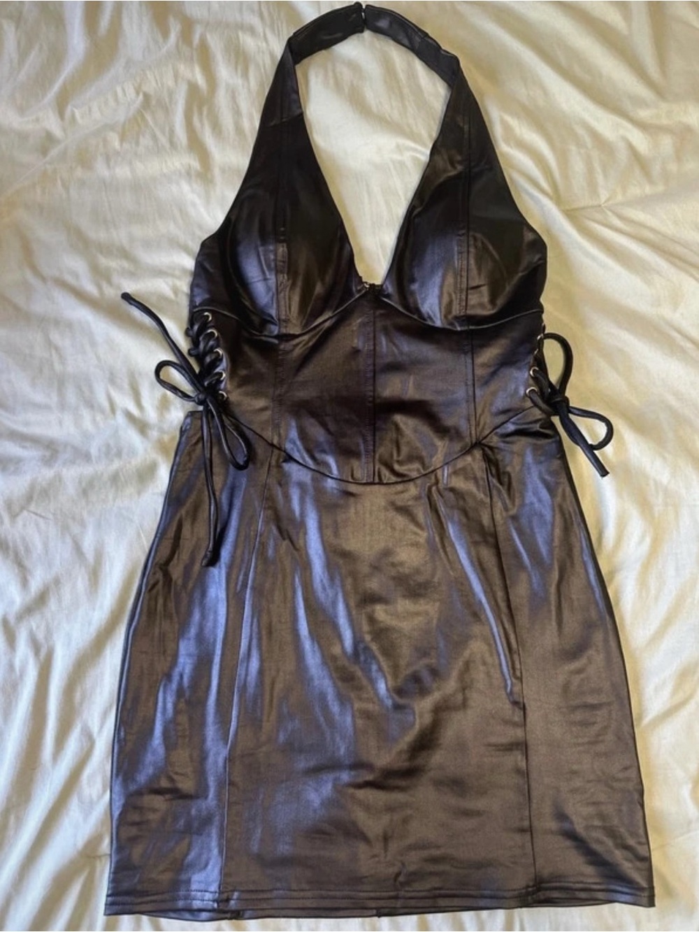 Windsor Black Faux Leather Halter Mini Dress with Side Lace-Up